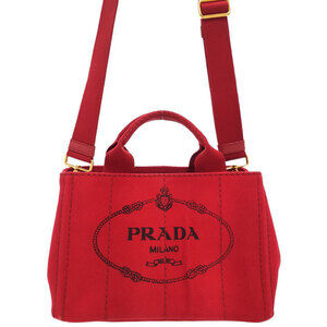 Prada Canapa Tote canvas handbag top handles 2way Red